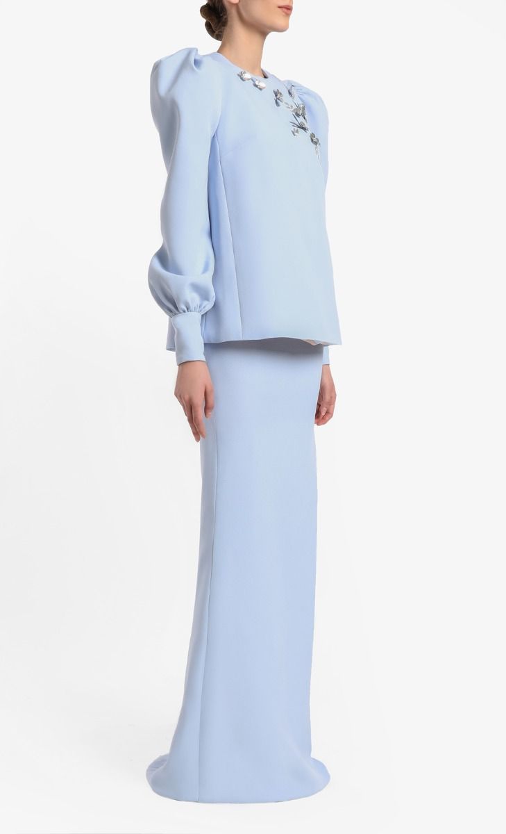 Kurung Kapas Set in Plain Baby Blue | FashionValet Light Blue Long Sleeve Sets For Eid, Baju Kurung Pahang Modern, Yellow Baju Kurung, Kurung Moden Design 2022, Cikgu Baju Kurung, Pencil Cut Skirt, Embellished Heels, White Accessories, Blue Top