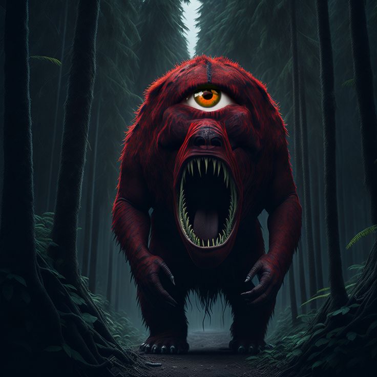 a big red monster with its mouth open in the woods, looking like it has sharp teeth