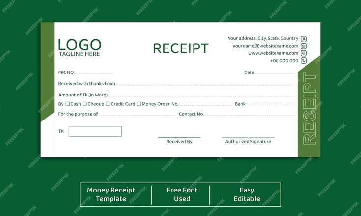 a green and white check card with the words logo receipt written in black on it