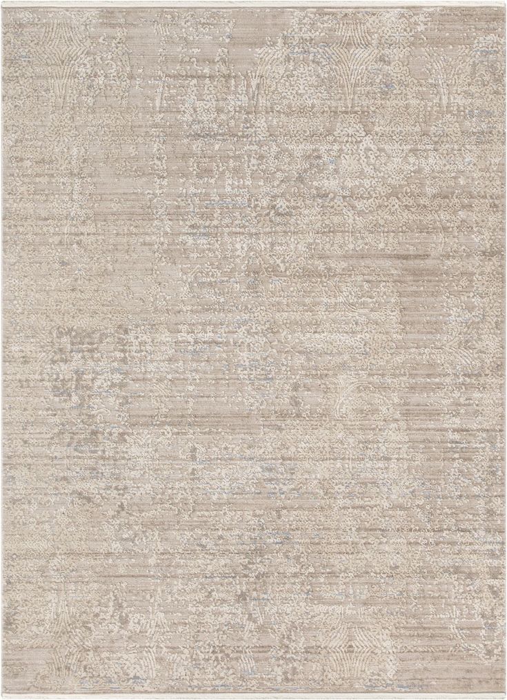 a beige rug with an abstract design on the top and bottom corner, in shades of gray