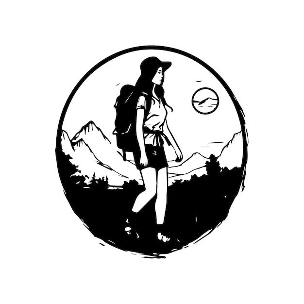 a woman with a backpack is walking in the mountains, black and white illustration on a white background