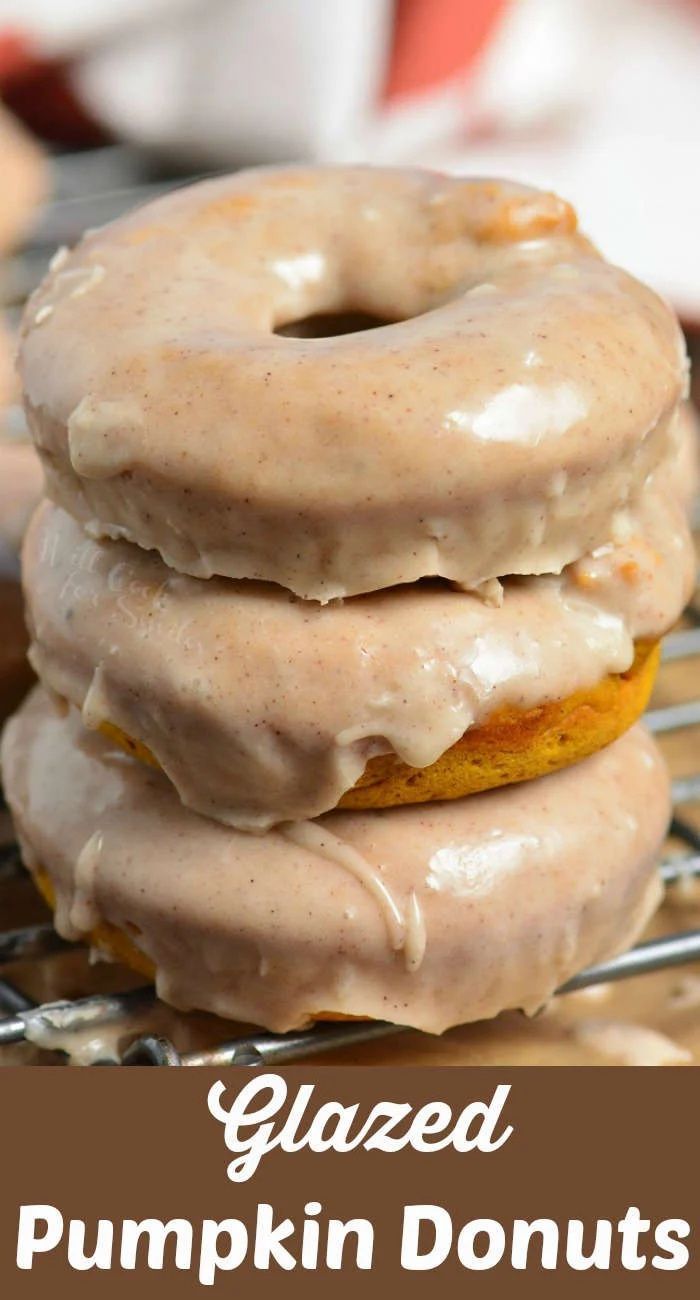 glazed pumpkin donuts stacked on top of each other with the words glazed over them