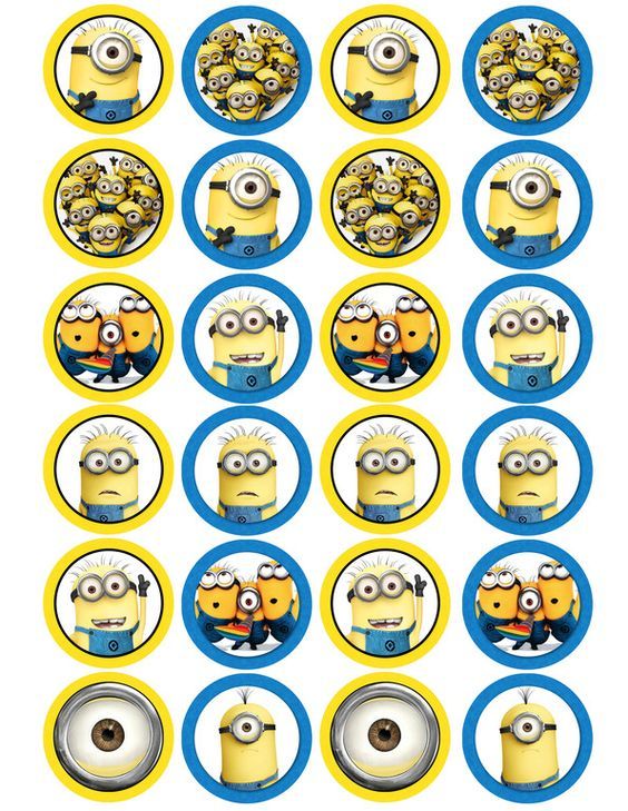 despicable minion cupcake toppers are shown in blue, yellow and white