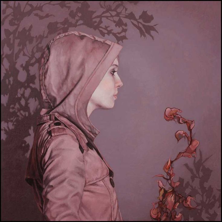 a painting of a woman wearing a hooded jacket and holding a flower in her hand