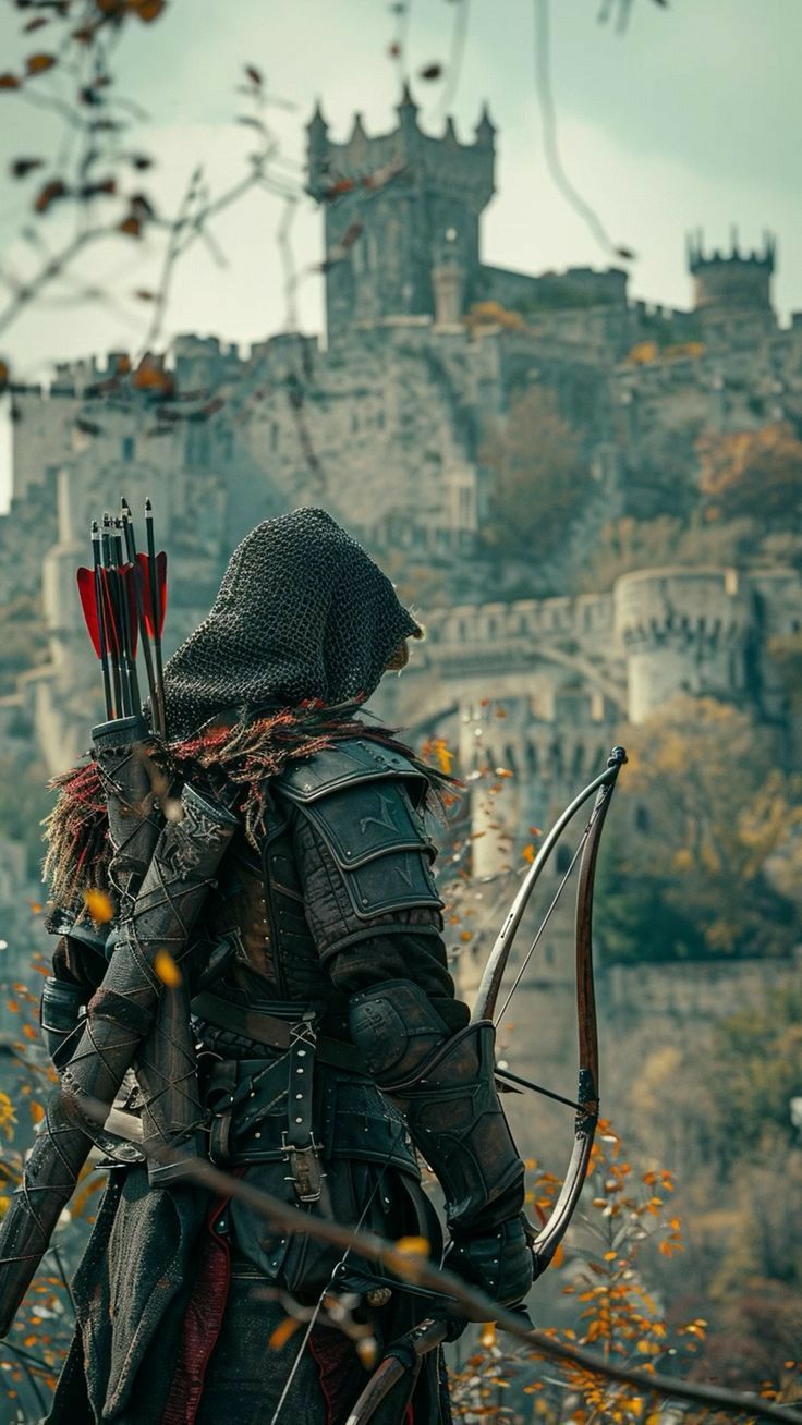 a person with a bow and arrow in front of a castle