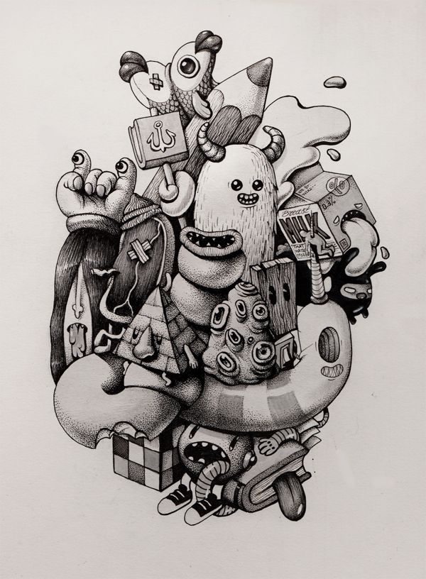 a black and white drawing of a monster with lots of stuff on it's back