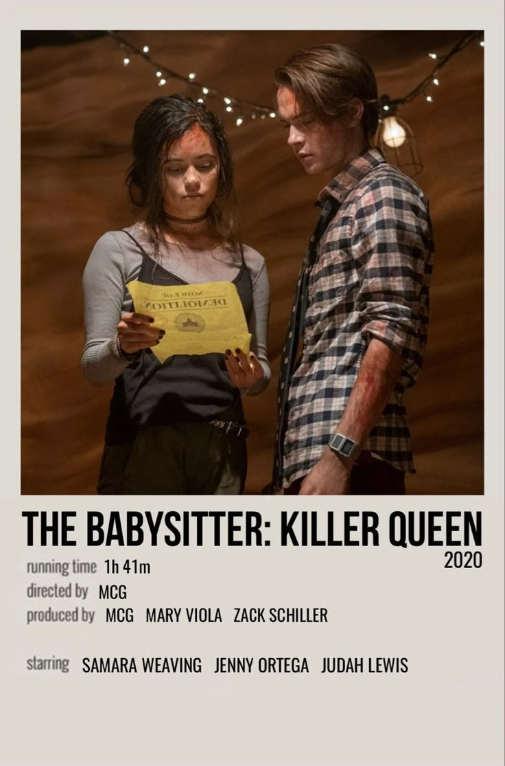 the babysitter killer queen movie poster with two people looking at something in front of them