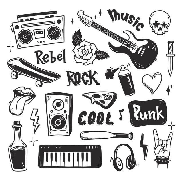 various music related items are shown in this black and white illustration, with the word rock on