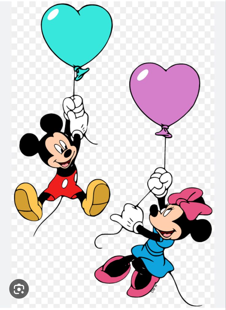 mickey and minnie mouse holding balloons in the air with heart shaped balloons on them, hd png