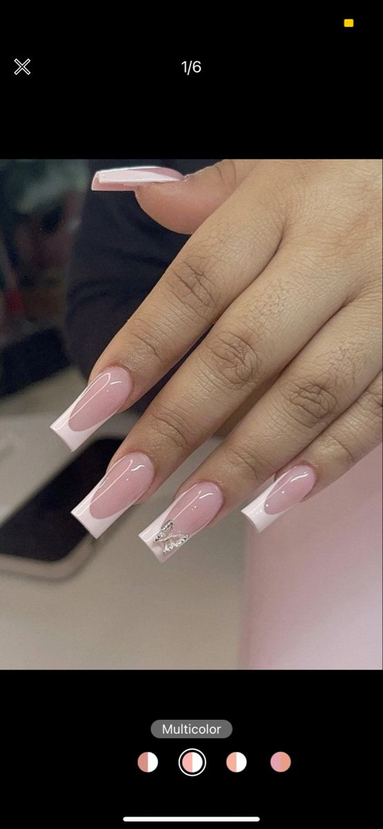 Pink French Tip With Butterflies, Chrome French Tip Nails With Butterflies, Pink French Tip Nails Butterfly, White French Tip Nails With Butterfly, French Tip And Butterfly Nails, White French Tip Nails With Butterfly Charm, Pretty Nails White French Tips, Acrylic Nails Ideas Butterfly, White French Nails With Butterflies