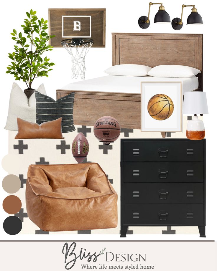 a collage of different items including a bed, chair and basketball