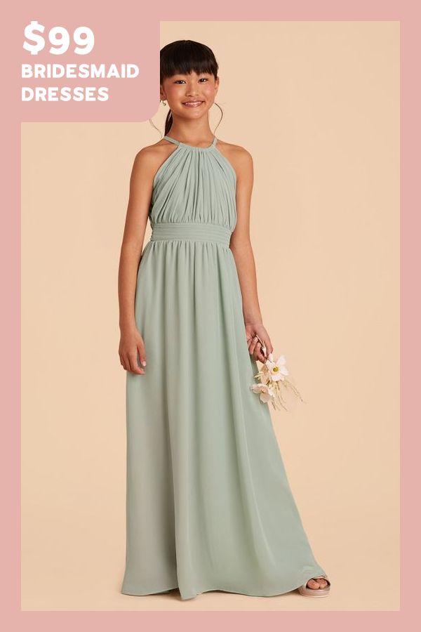 This high-neck halter dress is a dress she can wear again, to the middle school dance or as a wedding guest. Best Dress Websites, Sage Bridesmaid Dress, High Neck Halter Dress, Green Flower Girl Dresses, Middle School Dance, Taupe Bridesmaid Dresses, Bridesmaid Dress Chiffon, Turquoise Bridesmaid Dresses, Junior Dress