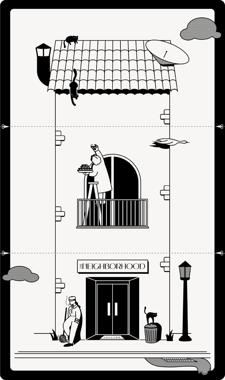 an illustrated diagram shows the different parts of a building that is in black and white