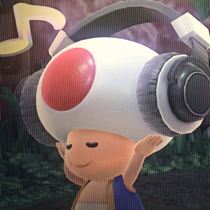 a cartoon character with headphones on holding something up to his face in front of him