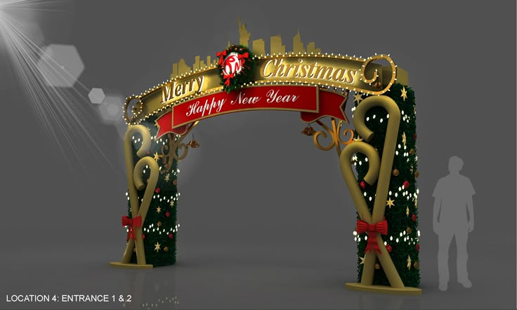 an arch decorated with christmas decorations and lights for the entrance to a holiday themed event