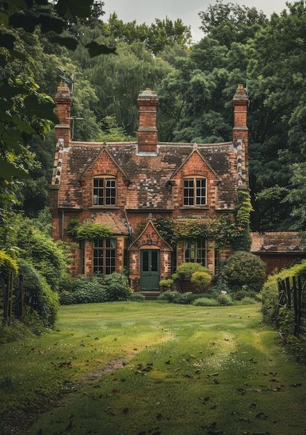 an old brick house surrounded by greenery and trees in the country side with a green door