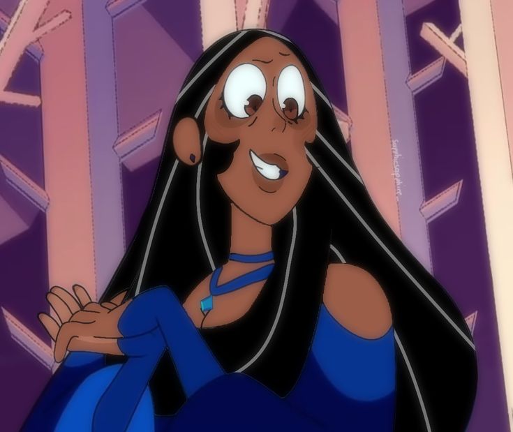 an animated woman with long black hair and big eyes wearing a blue dress in front of trees