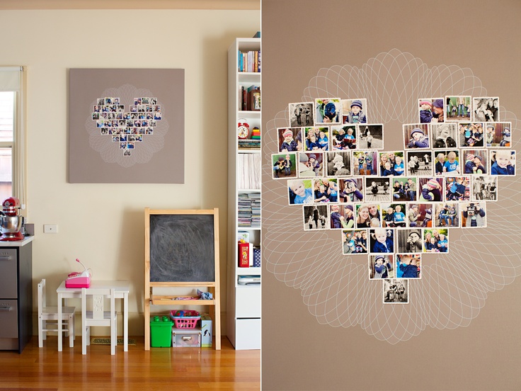 a heart shaped photo collage on the wall next to a child's playroom