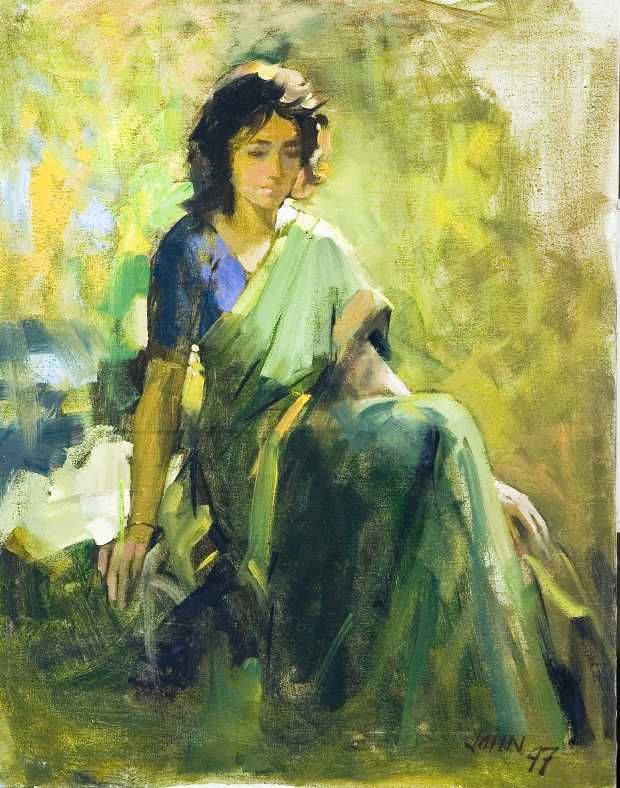 a painting of a woman sitting on the ground wearing a green sari and blue blouse