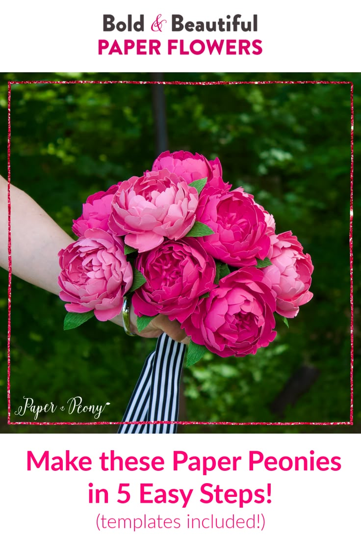 a person holding pink flowers in their hand with the words make these paper peonies in 5 easy steps