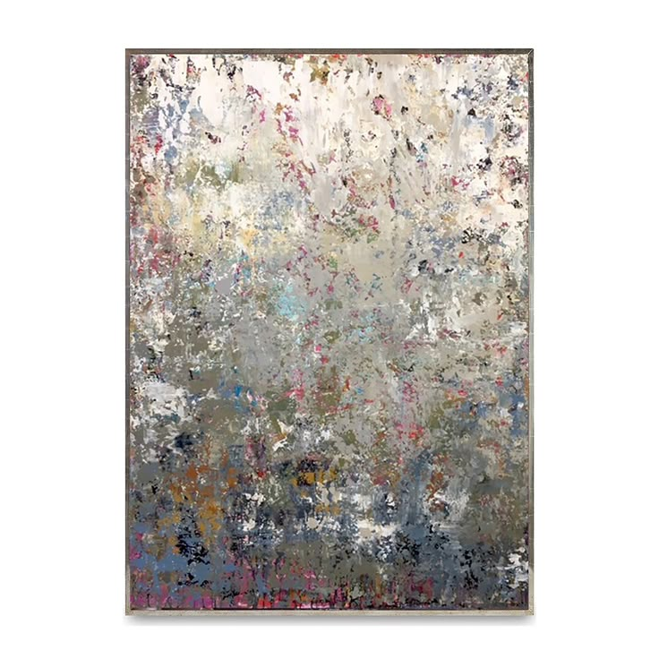 an abstract painting with lots of colors and shapes on it's surface, in grey tones