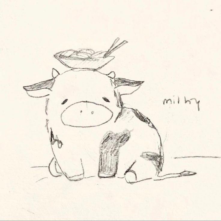 a drawing of a cow sitting on the ground with a hat on top of it's head