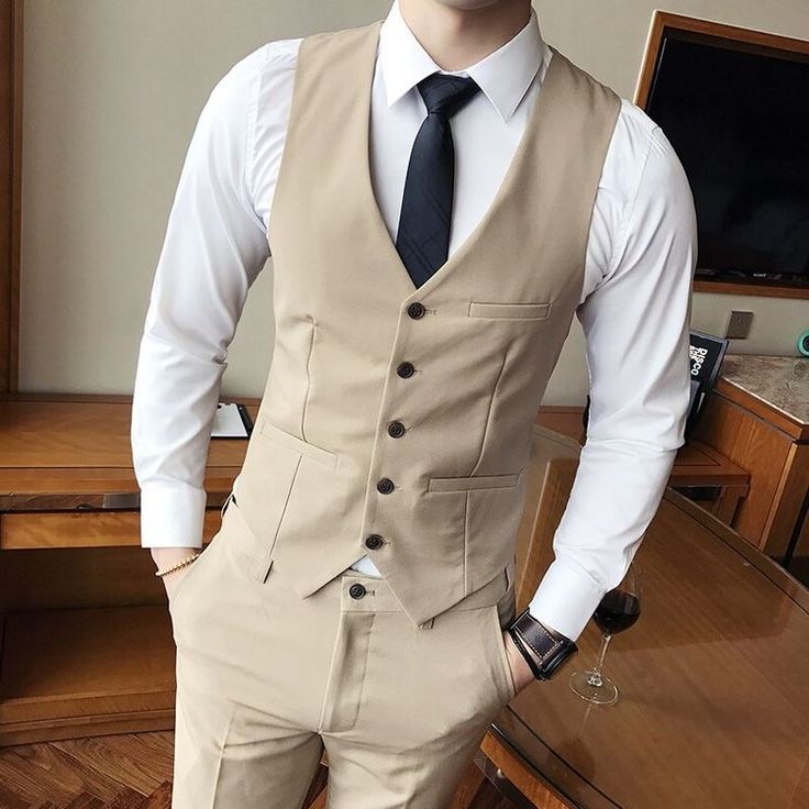 Vest Outfits Men, Black Suit Vest, Khaki Suit, Waistcoat Designs, Tie Outfit, Men Waistcoat, Khaki Vest, Men's Wedding Outfit, Mens Waistcoat