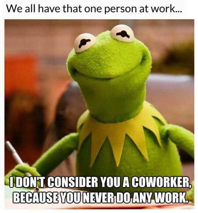 kermik the frog holding a stick with caption that reads, we all have that one person at work i don't consider you a coworker because you never do any work