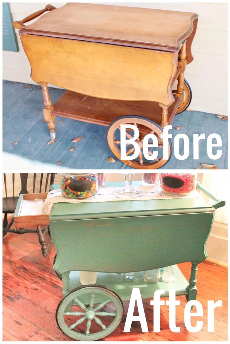 before and after photos of an old dresser turned into a coffee table with wheels on it