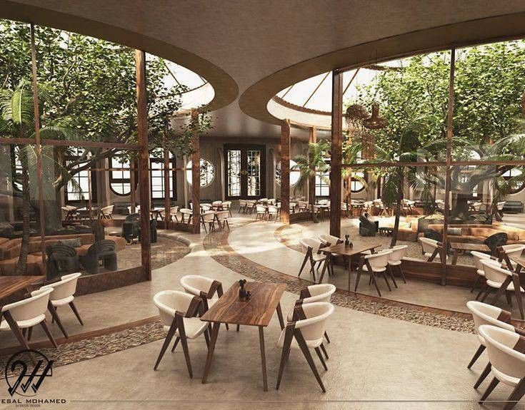 an artist's rendering of a restaurant with tables, chairs and plants in it