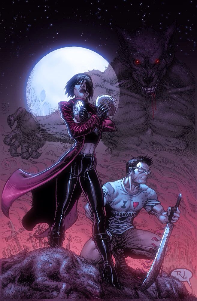 an image of a man and woman in front of a full moon with two demonic creatures