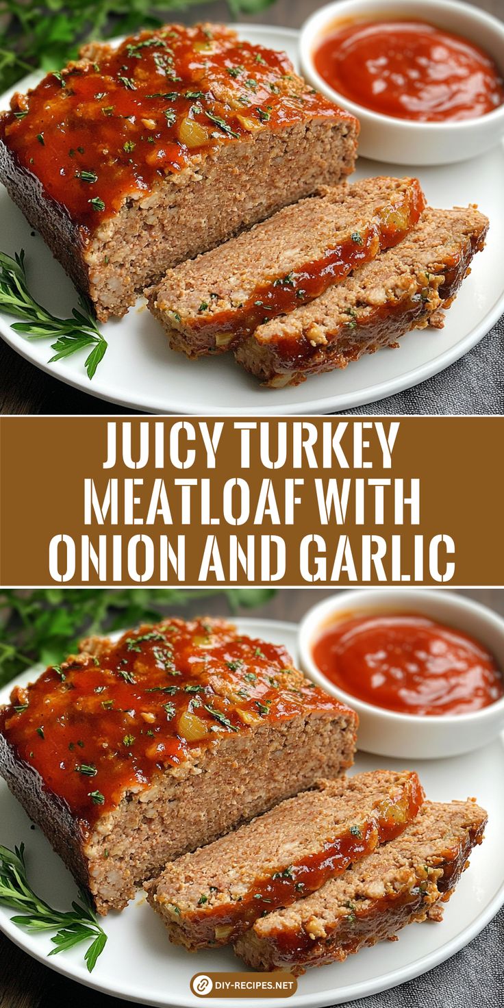 sliced meatloaf on a plate with sauce and garnish