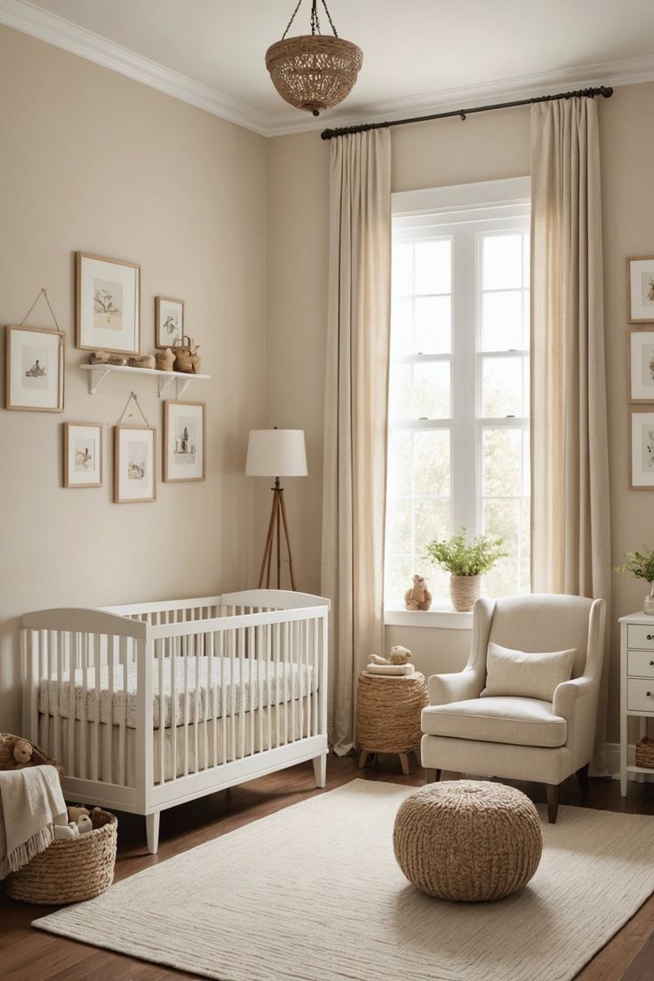 a baby's room is decorated in neutral colors