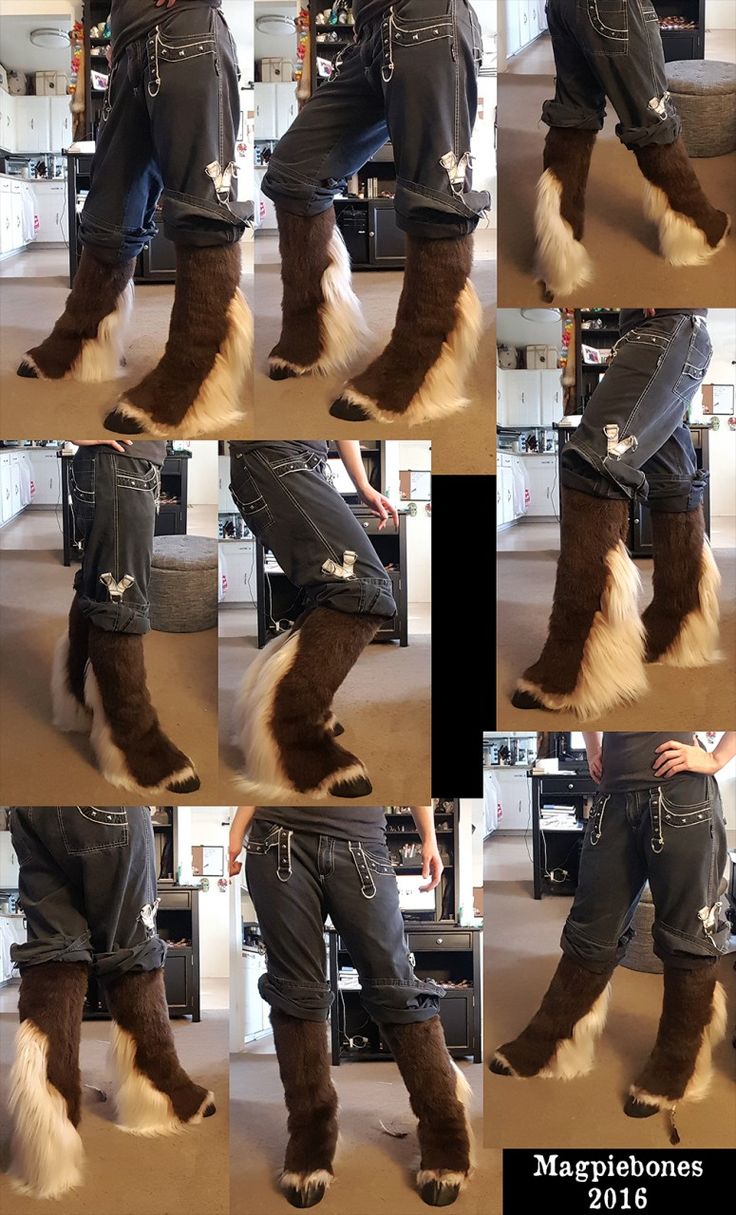 multiple pictures of the legs and boots of a woman in jeans with furry fur on them