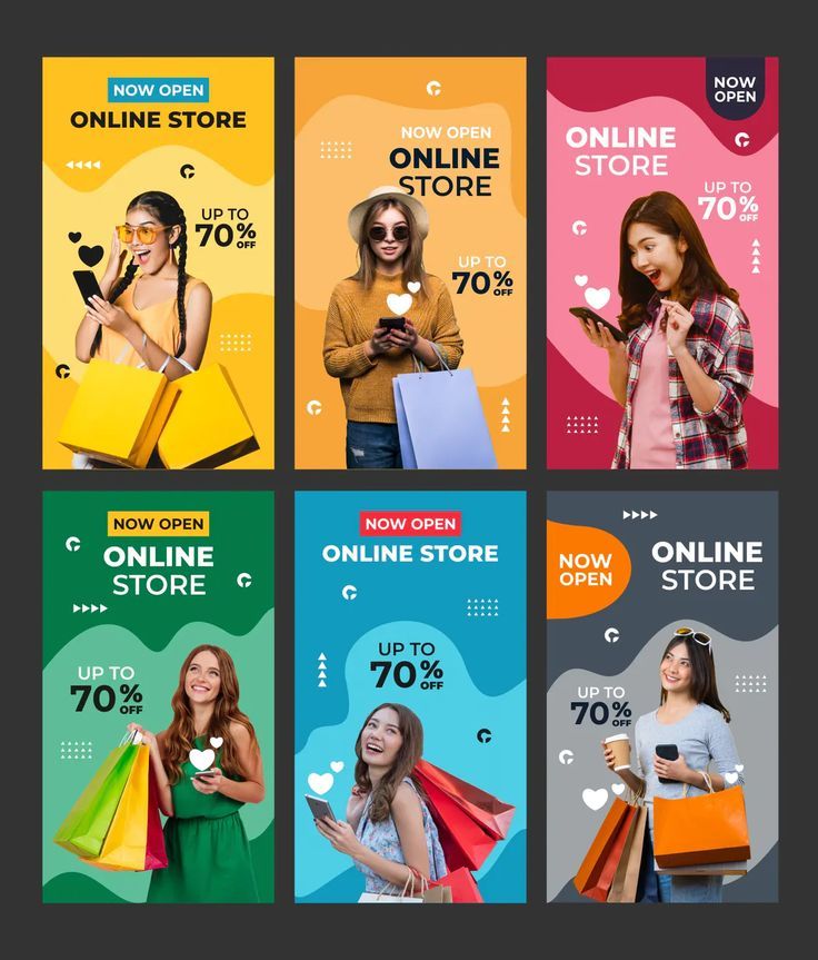 four different banners with women holding shopping bags and cell phones in their hands, one for the