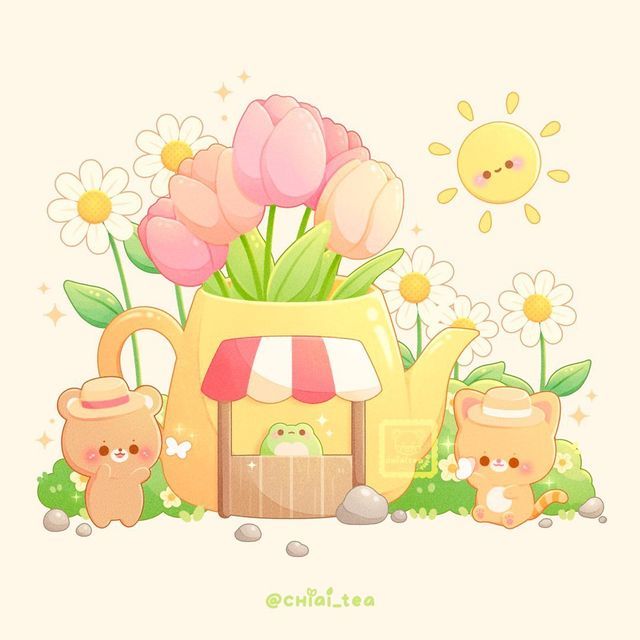 an image of flowers and teddy bears in front of a teapot with sunflowers