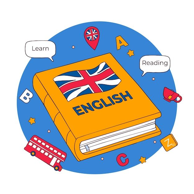 an orange book with the words english on it surrounded by school supplies and speech bubbles