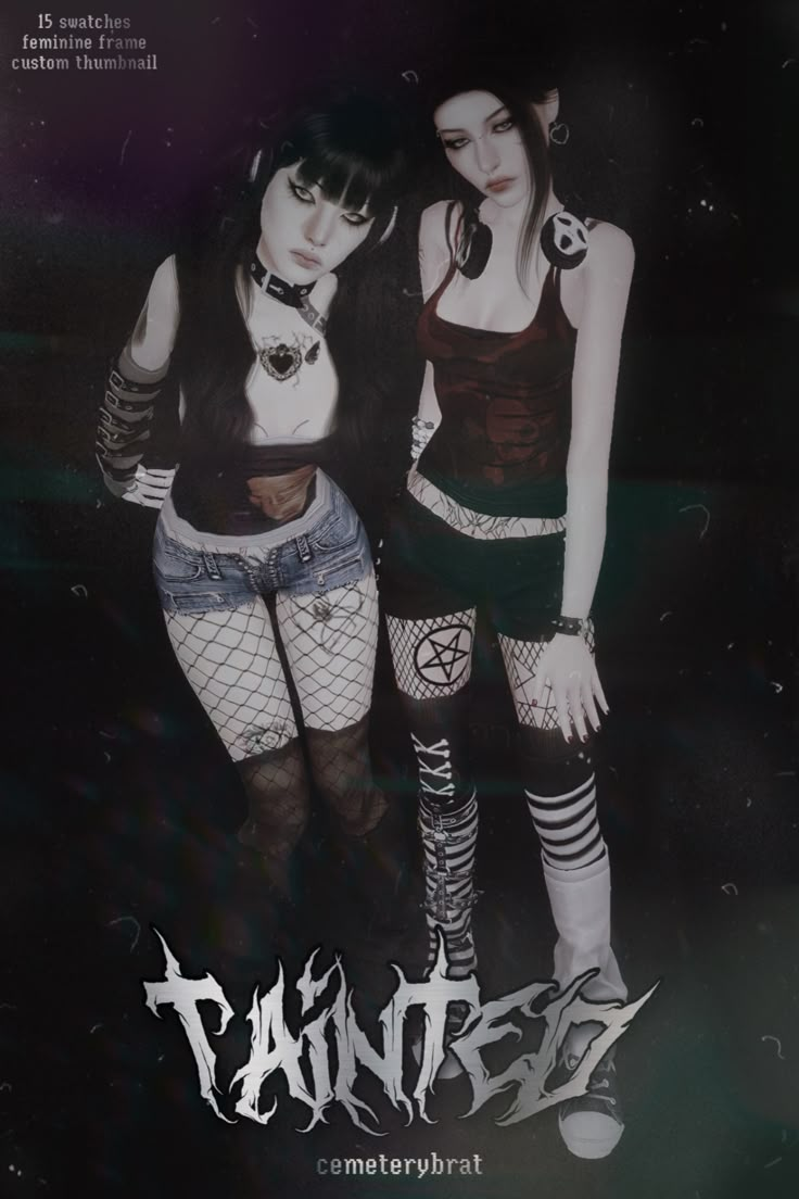 two young women are posing for a photo together in gothic clothing and tighty pants