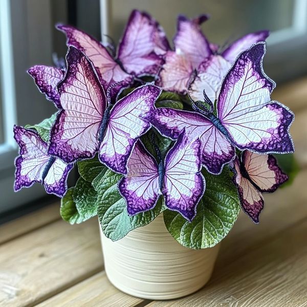 purple and white flowers in a pot on a window sill