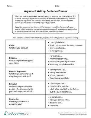 an argument worksheet for writing sentences