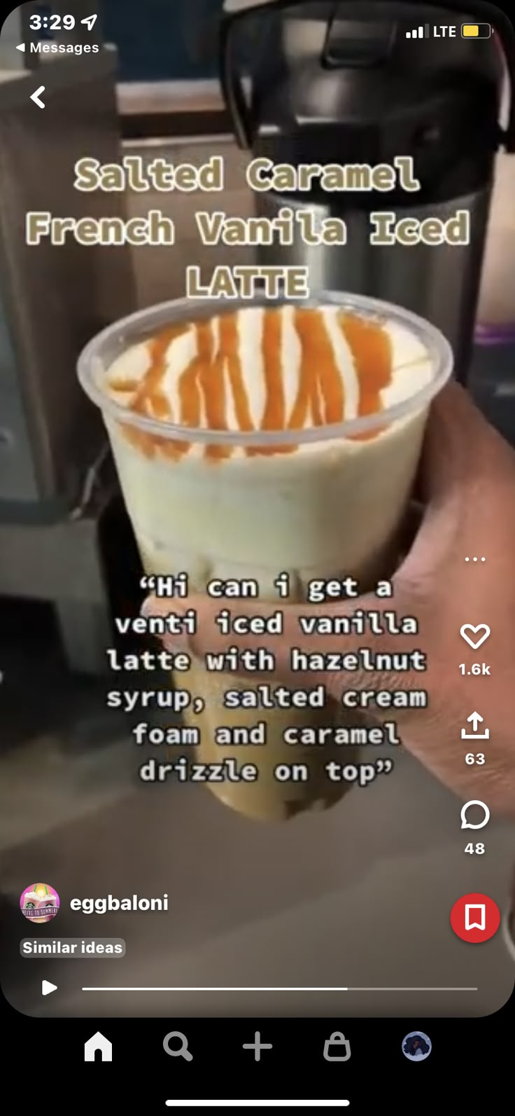 someone is holding up a drink with orange liquid in it and the caption reads, salted caramel fraath vanilla iced latte