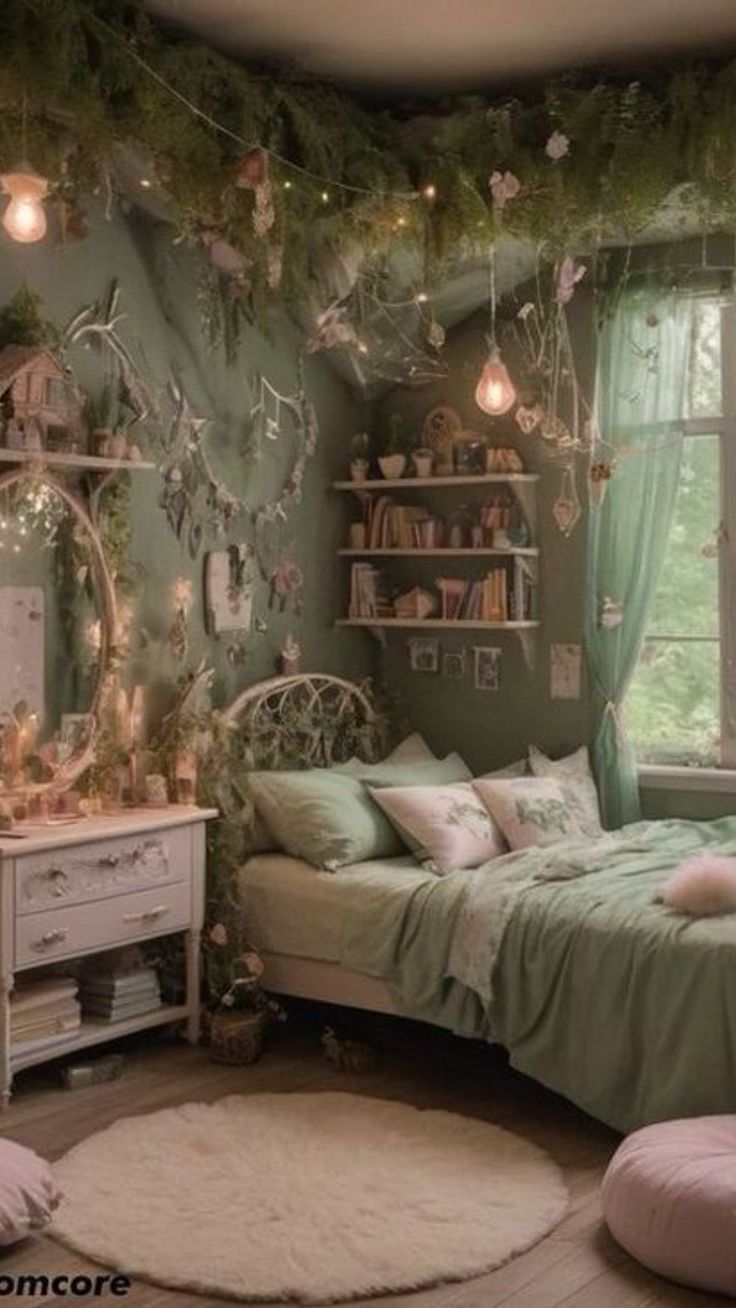 a bedroom decorated in green and white with fairy lights