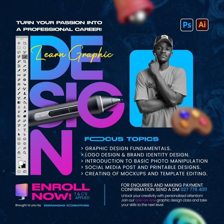 an advertisement for a professional graphic studio featuring a man with his arms crossed and hands folded in front of him