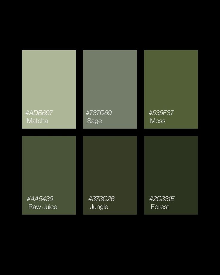 four different shades of green and brown with the names on each one in black text