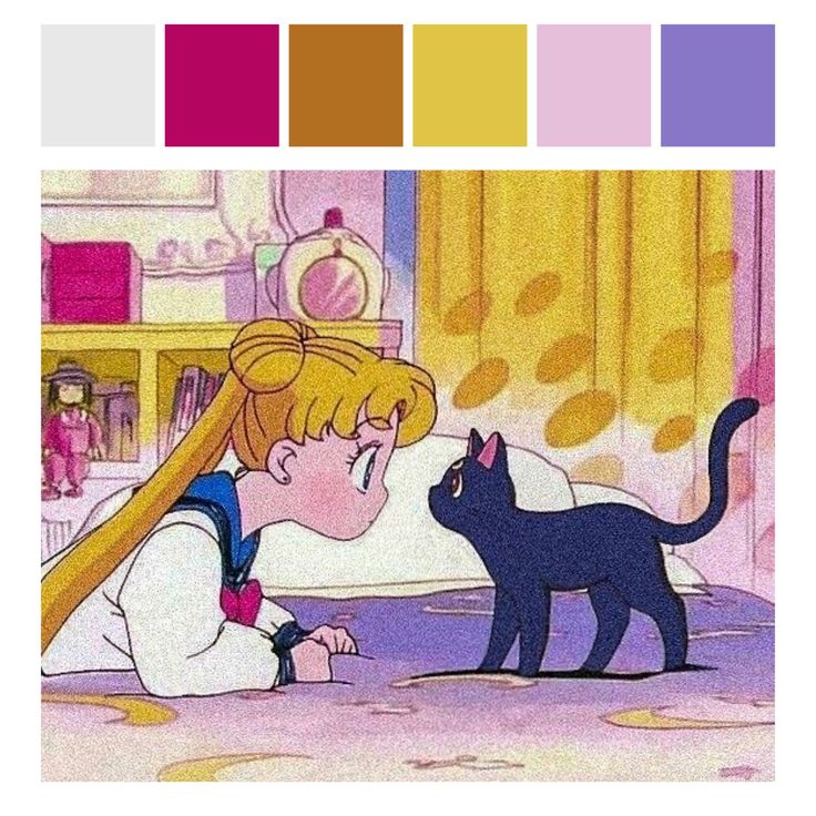 an image of a cartoon character with a cat in front of her and color swatches