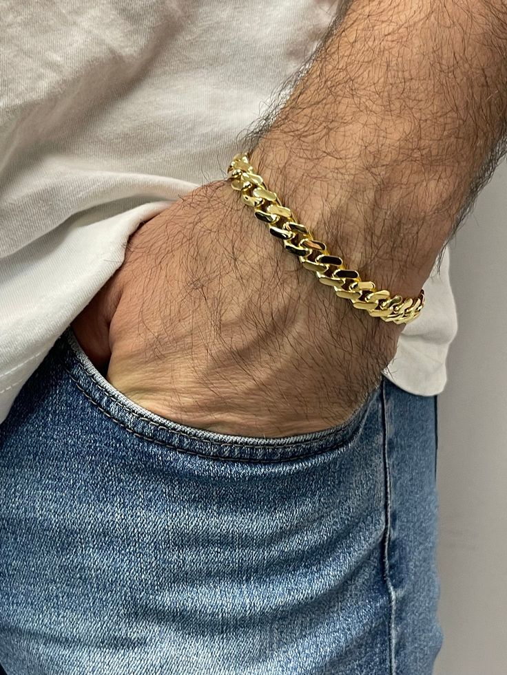 ➣ High quality 14K Yellow Gold 7" 8.25" Lite Miami Cuban Bracelet, 9.5mm Wide, Curb Bracelet, Real Gold Bracelet, Unisex, Men ➣ MATERIAL: 14K Yellow Gold  ➣ Hollow ➣ Closure: Box   ➣ Weights:  7" - 10.45 gram 8.25" - 11.8 gram White Gold - 8.25" - 12.1 gram  ◈ Please note that weights are approximate. ➣ If you need a specific length, please message us. Explore more gold bracelets. https://www.etsy.com/shop/MarinaMJewelry?ref=seller-platform-mcnav&search_query=gold+bracelet ➣ SHIPPING: ◈ We alway Luxury Tarnish-resistant Yellow Gold Cuban Link Bracelet, Gold Bracelets For Men, Man Gold Bracelet Design, Real Gold Bracelet, Cuban Bracelet, Father Time, Gold Vermeil Jewelry, Gold Armband, Miami Cuban