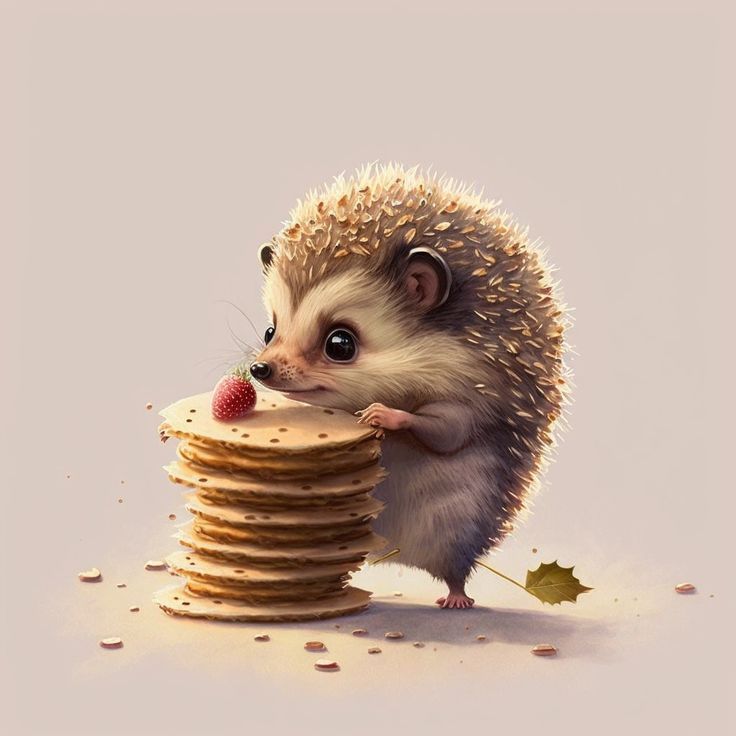 a hedgehog is standing next to a stack of pancakes and has his paw on the top