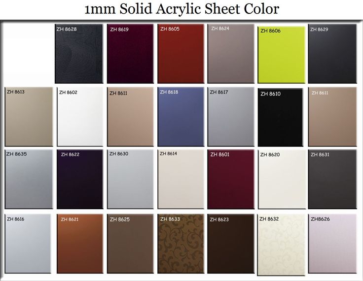 the color chart for solid acrylic sheets is shown in different colors and sizes