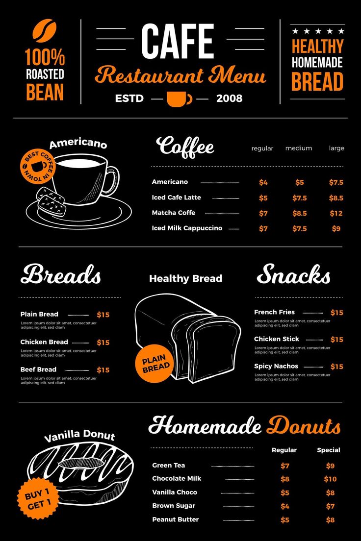 a menu with coffee and breads on it, in the middle of a black background