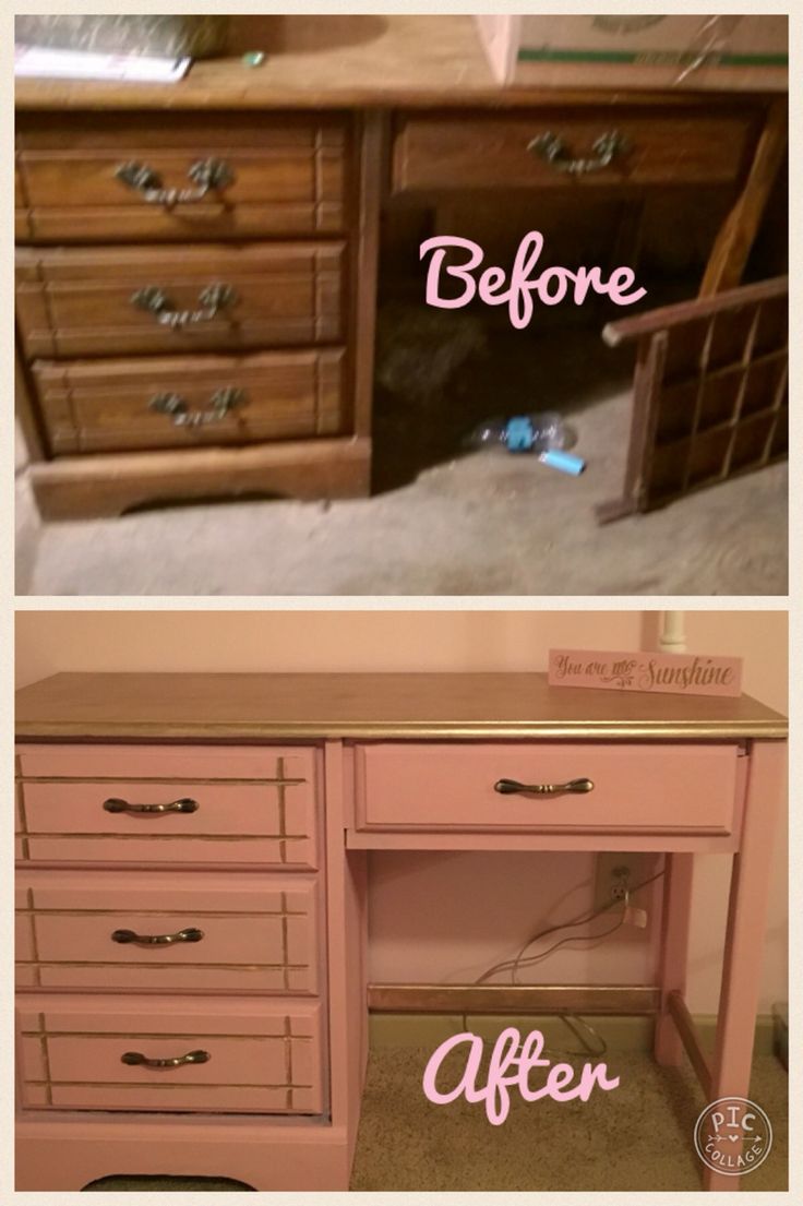 the before and after of an old desk makeover with chalk paint, wood veneers and new drawers